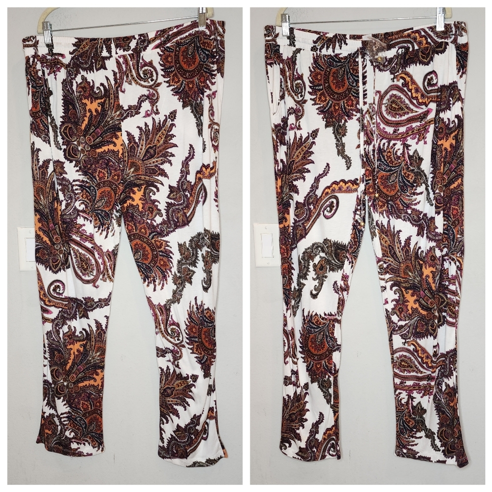 Lascana Venus Pull On Jersey Viscose Paisley Pants White Multi Size 1X